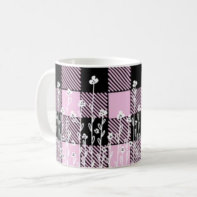 Mug Élégant doodé noir rose floral plaid motif (Devant gauche)