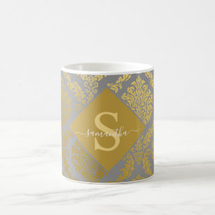 Mug Élégant doré et gris Damassé Personnalisé