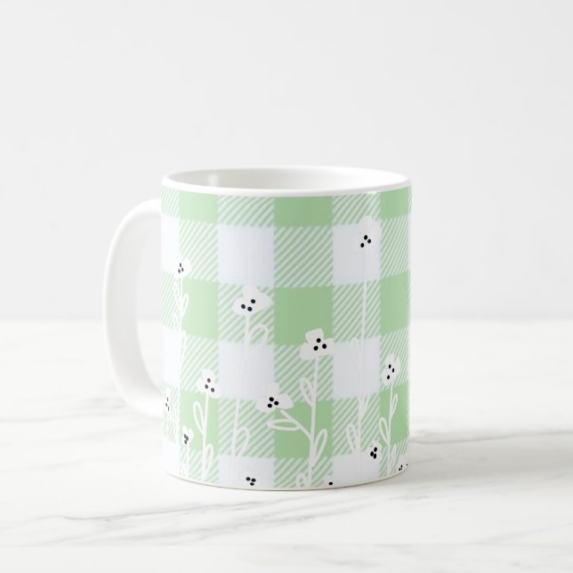 Mug Élégant en vichy plaid blanc vert floral (Devant gauche)