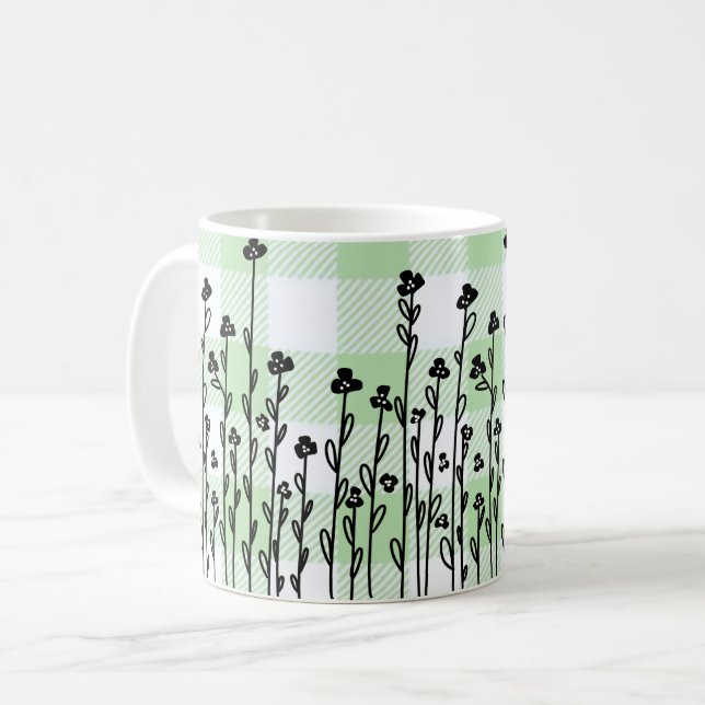 Mug Élégant en vichy vert floral noir blanc doodé (Devant gauche)