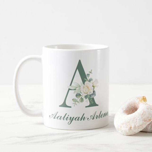 Mug Élégant Eucalyptus et Rose Personnalisé Initiale A (Avec donut)