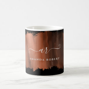 Mug Élégant Faux Rose Gold Stroke Monogramme Noir