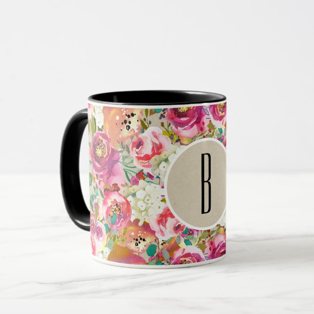 Mug Élégant Floral Chic Rustique Kraft Monogramme Pers (Devant gauche)