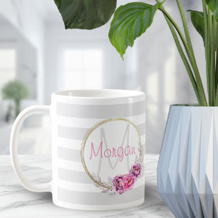 Mug Elégant floral Gold Bordure bandes Monogramme