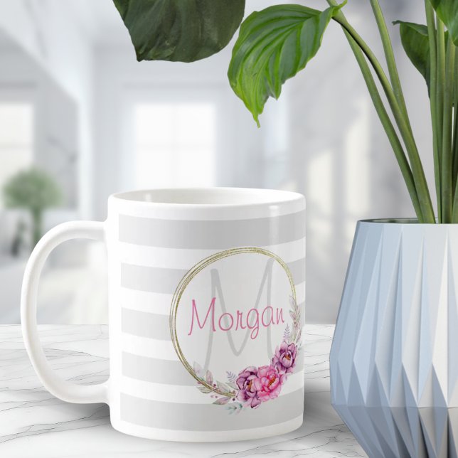 Mug Elégant floral Gold Bordure bandes Monogramme (Elegant Floral Gold Border Stripes Monogram Coffee Mug)