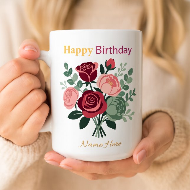Mug Elegant Floral Happy Birthday Personalized Name  (Créateur téléchargé)