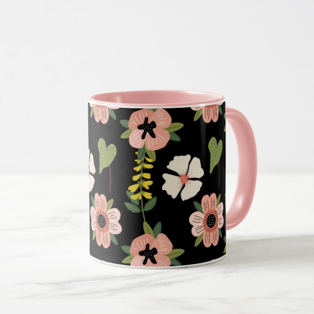 Mug Elegant Floral Pattern on Black | Chic Botanical  (Devant droit)