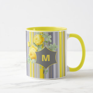 Mug Élégant Floral Stipé Soleil gris Jaune Monogram