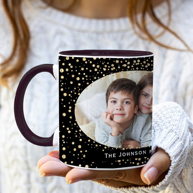 Mug Elégant Gold Black Parties scintillant Points Phot (Elegant Gold Black Glitter Dots Photo Christmas Mug)
