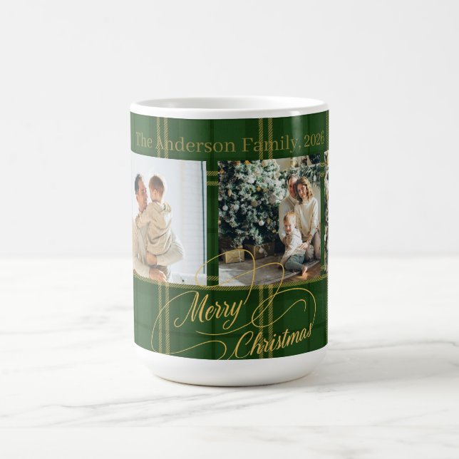 Mug Elegant Green Tartan Family Photo Christmas Card (Centre)