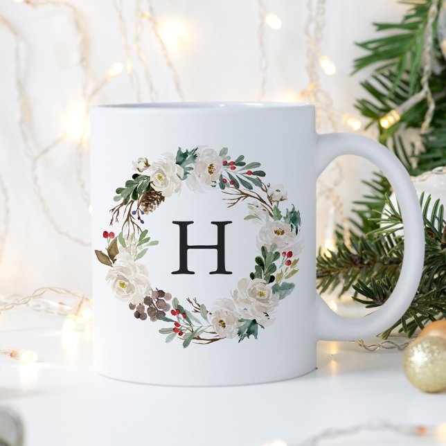 Mug Élégant hiver Floral Wreath Monogramme vacances (Créateur téléchargé)
