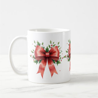 Mug Elegant Holiday Bow with Holly Leaves Design