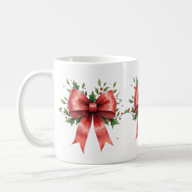 Mug Elegant Holiday Bow with Holly Leaves Design (Gauche)