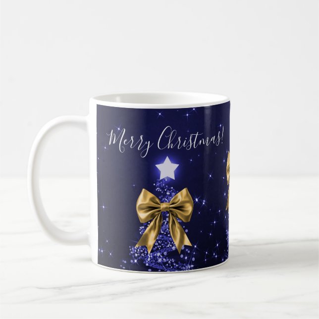 Mug Elegant Holiday Navy Christmas Trees Bows Gold  (Gauche)