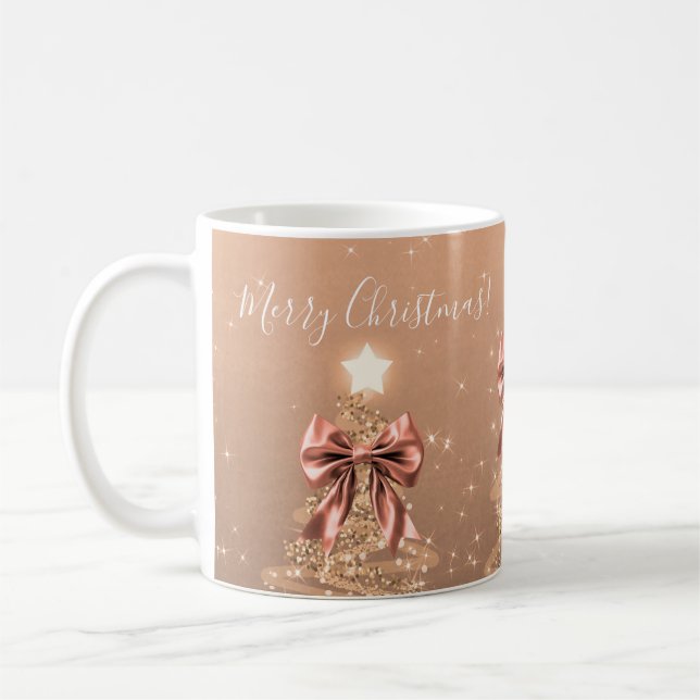 Mug Elegant Holiday Rose Gold Christmas Trees Bows (Gauche)