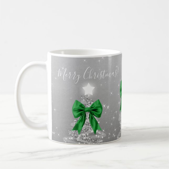 Mug Elegant Holiday Silver Christmas Trees Green Bows (Gauche)