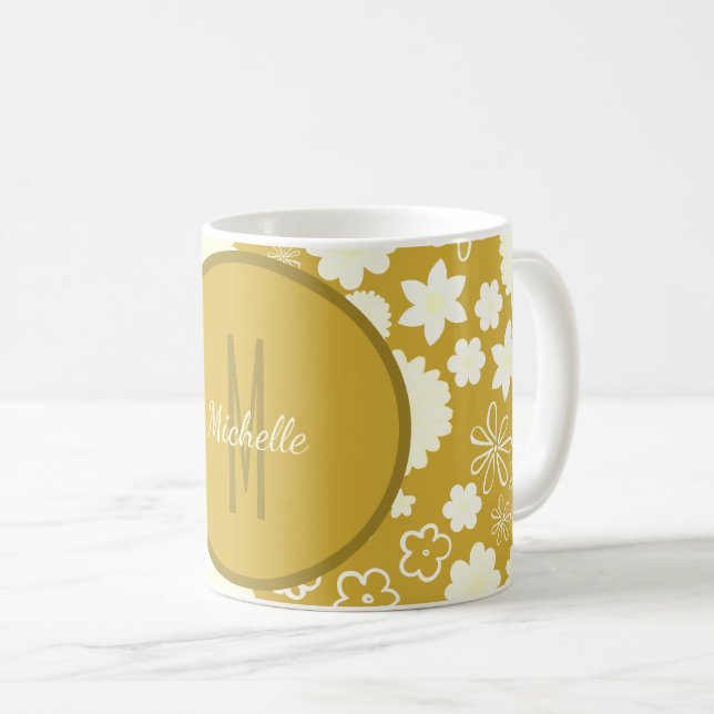 MUG ÉLÉGANT LUXE GOLD CREAM FLOWWER MONOGRAM FLORAL (Devant droit)