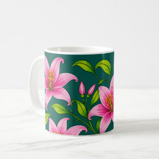 Mug Élégant lys rose floral avec feuillage vert