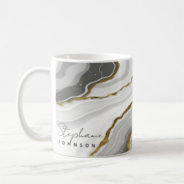 Mug Élégant Marbre blanc à huile or Monogramme (Gauche)