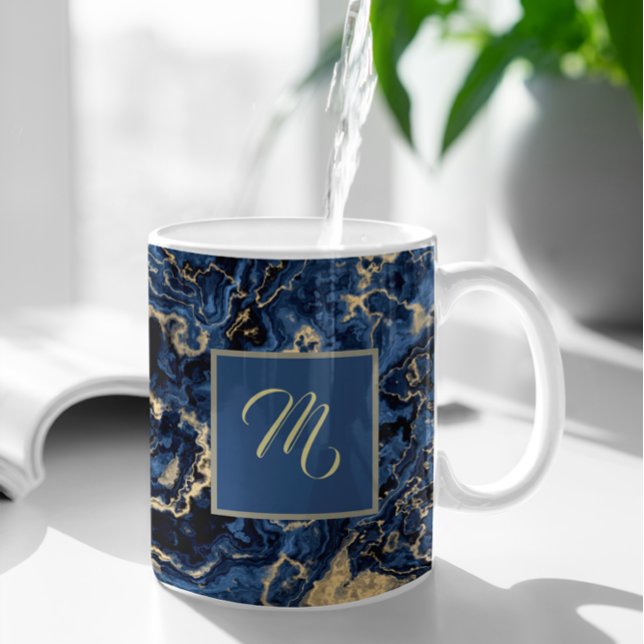 Mug Elégant Marbre Bleu Et Or Nom Personnalisé Café (Créateur téléchargé)