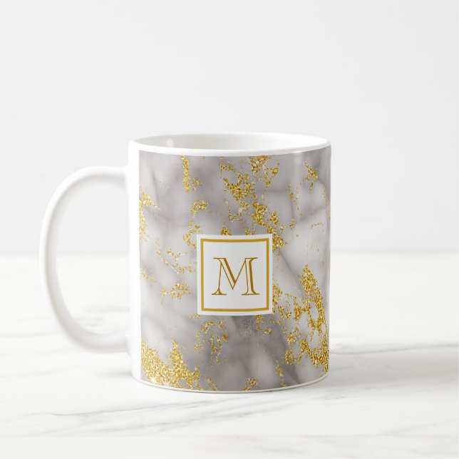 Mug Élégant marbre gris Monogramme Parties scintillant (Gauche)