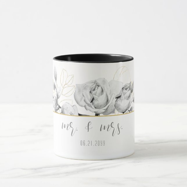 Mug Élégant Mariage moderne noir blanc or M. Mme (Centre)