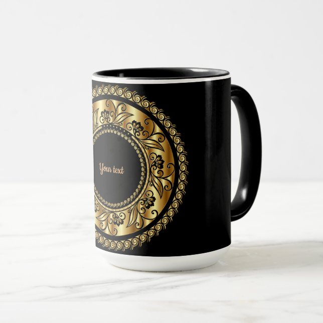Mug Élégant Modèle orné noir et or (Devant droit)