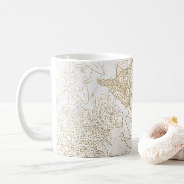 Mug Elégant moderne blanc gris or marbre floral (Avec donut)