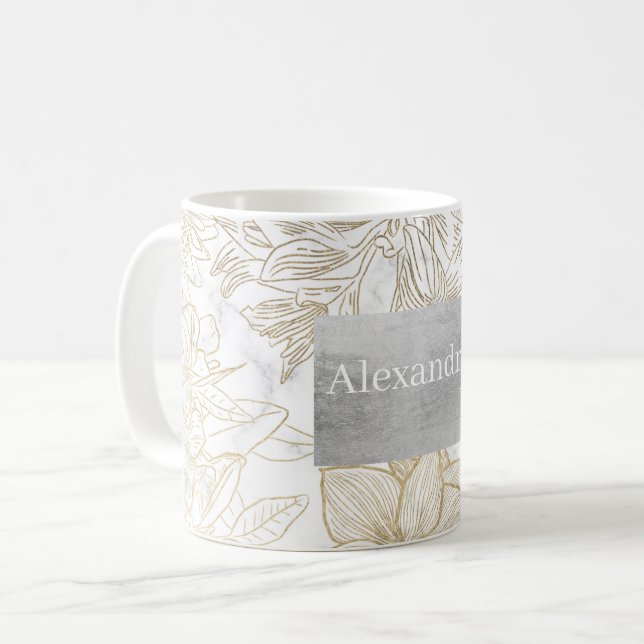 Mug Elégant moderne blanc gris or marbre floral (Devant gauche)