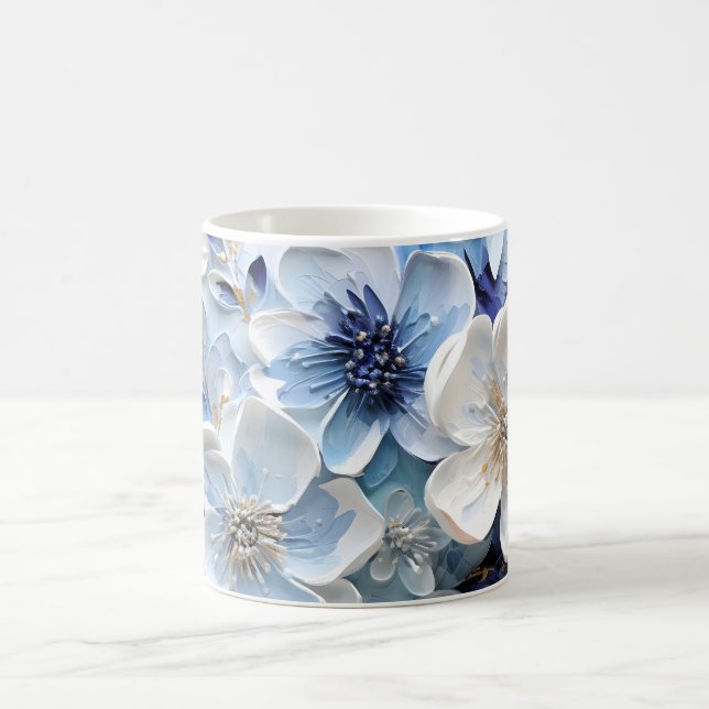 Mug Élégant Moderne Botanique Florale Bleu Blanc (Centre)