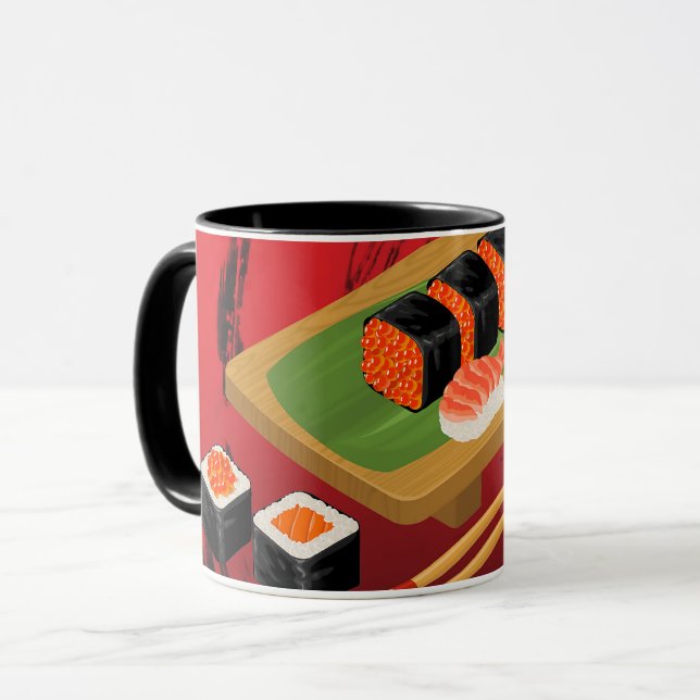 Mug Élégant Moderne Chic Sushi Noir & Rouge (Devant gauche)