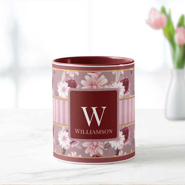 Mug Élégant Monogramme à rayures florales rose bordeau (Créateur téléchargé)