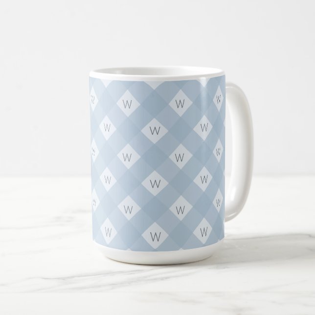 Mug Élégant Monogramme Bleu, Blanc À damiers Motif (Devant droit)