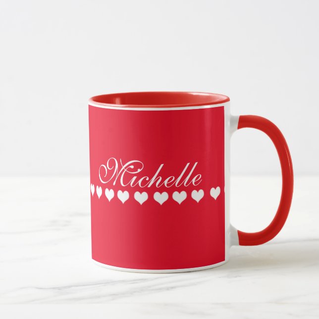 Mug Élégant Monogramme Coeurs blancs Rouge (Droite)