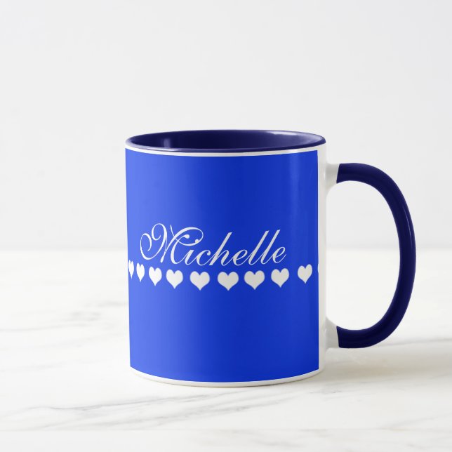 Mug Élégant Monogramme Coeurs blancs Royal Blue (Droite)
