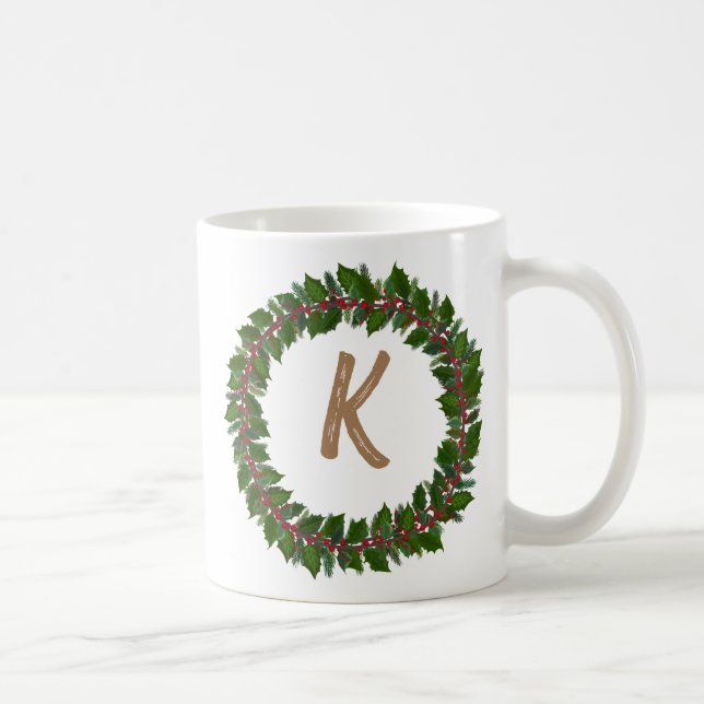 Mug Élégant monogramme de couronne florale Noël initia (Droite)