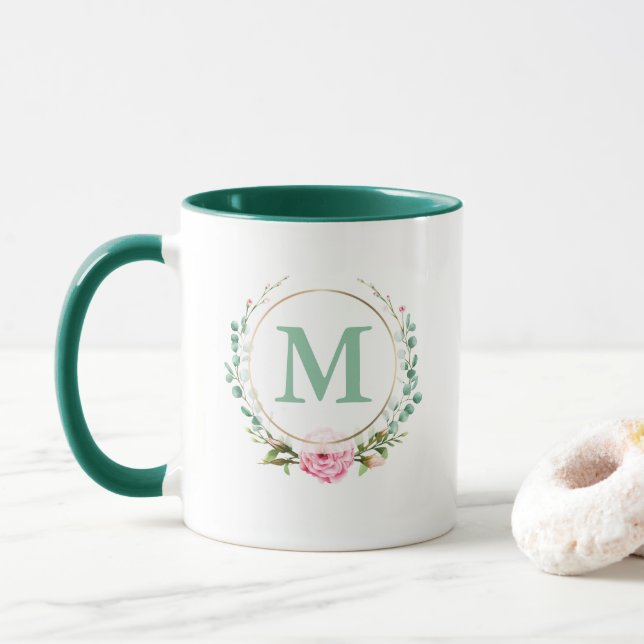 Mug Élégant monogramme de couronne florale rose rose (Avec donut)