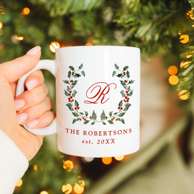 Mug Élégant monogramme de couronne Holly Berry Personn (Créateur téléchargé)