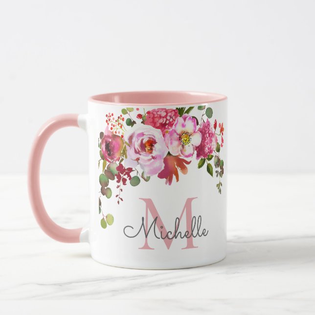 Mug Élégant Monogramme de Fille Rose Fleur de Cerisier (Gauche)