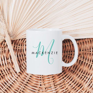 Mug Élégant Monogramme de script Turquoise moderne