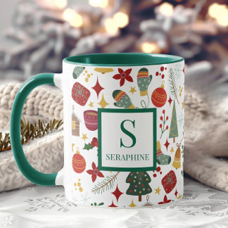 Mug Élégant Monogramme et nom de l'aquarelle de Noël