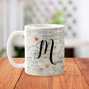 Mug Élégant Monogramme Floral Vintage Partition Musiqu