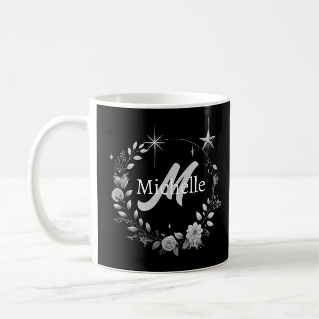 Mug Élégant Monogramme noir Argent Script (Gauche)