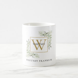 Mug Élégant Monogramme Or Eucalyptus Verdure