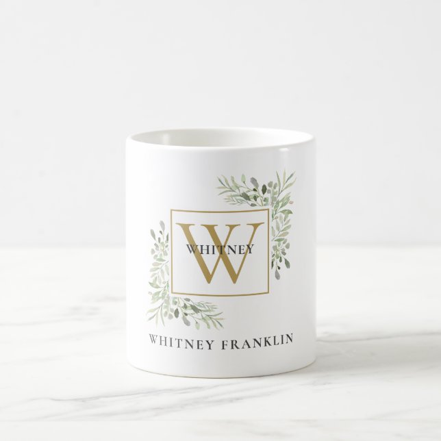 Mug Élégant Monogramme Or Feuillage d'Eucalyptus (Centre)