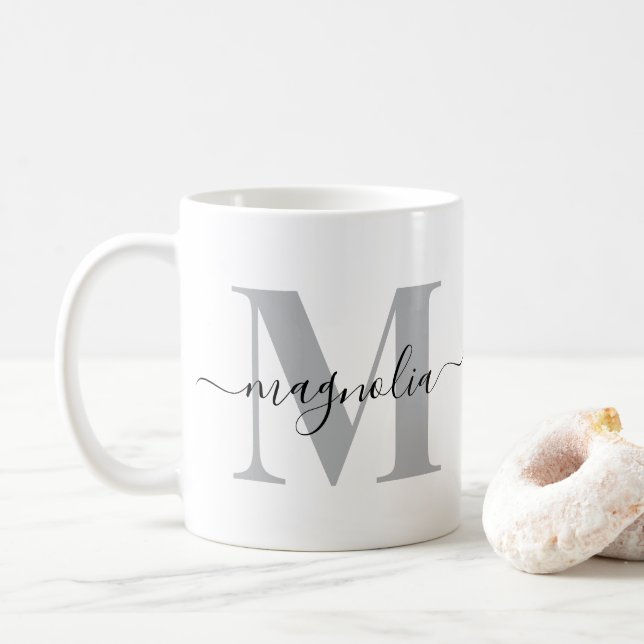 Mug Élégant Monogramme Personnalisé Gris Noir Initiale (Avec donut)