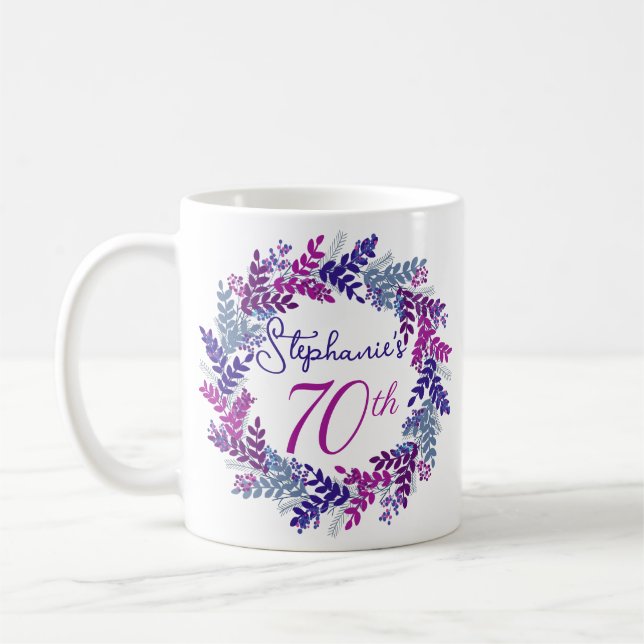 Mug Élégant Monogramme rose et violet 70e anniversaire (Gauche)