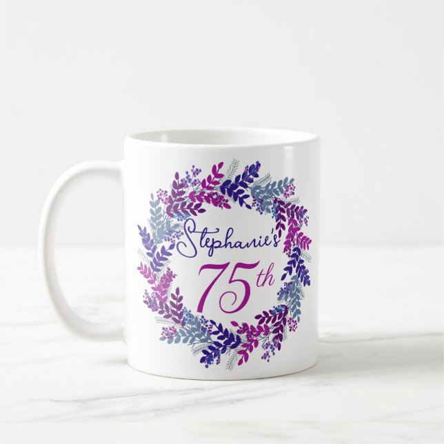 Mug Élégant Monogramme rose et violet 75e anniversaire (Gauche)