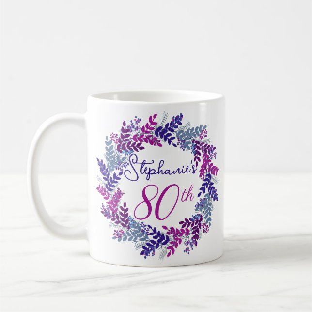 Mug Élégant Monogramme rose et violet 80e anniversaire (Gauche)