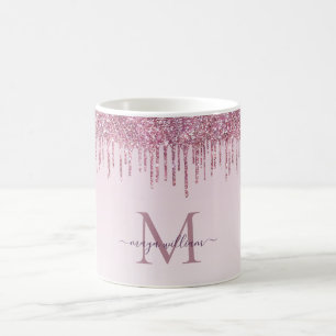 Mug Élégant Monogramme Rose Parties scintillant goutte